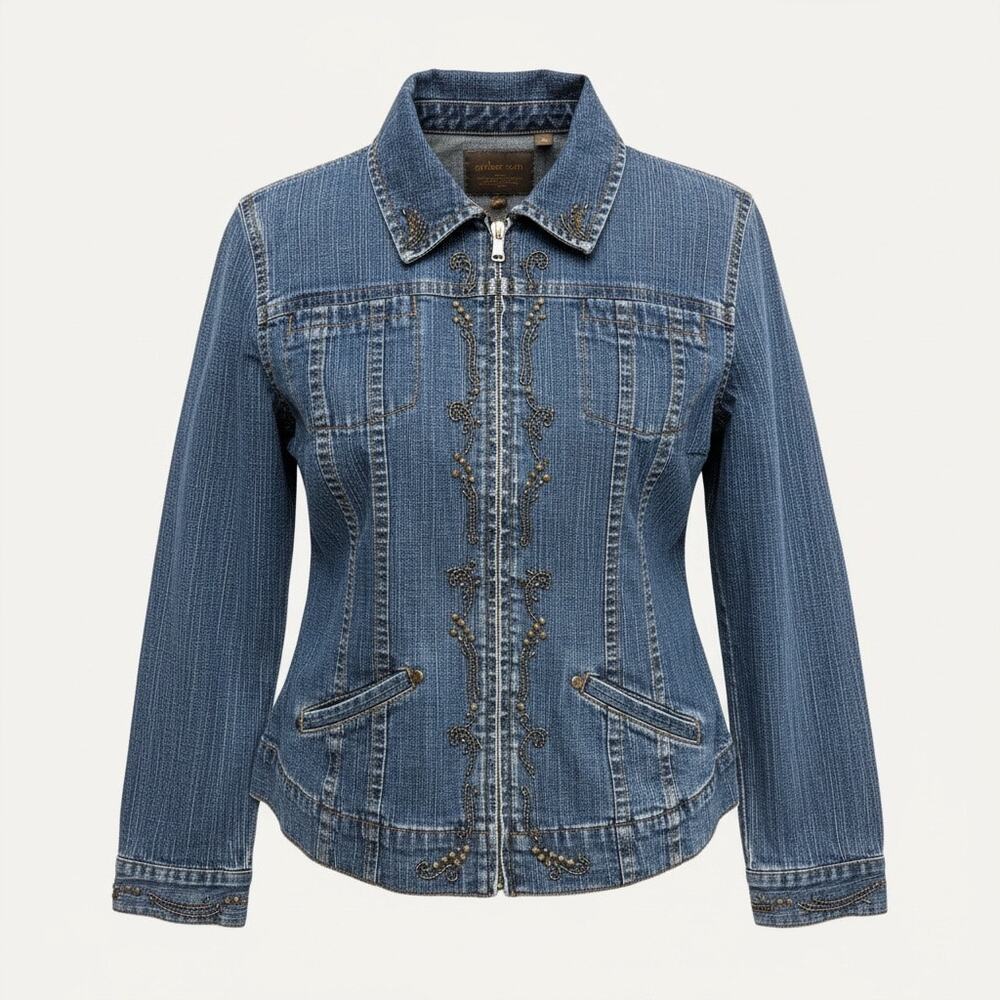 Amber Sun Denim Jacket Embellished Beaded Studded Western Vintage Y2K Jacket L